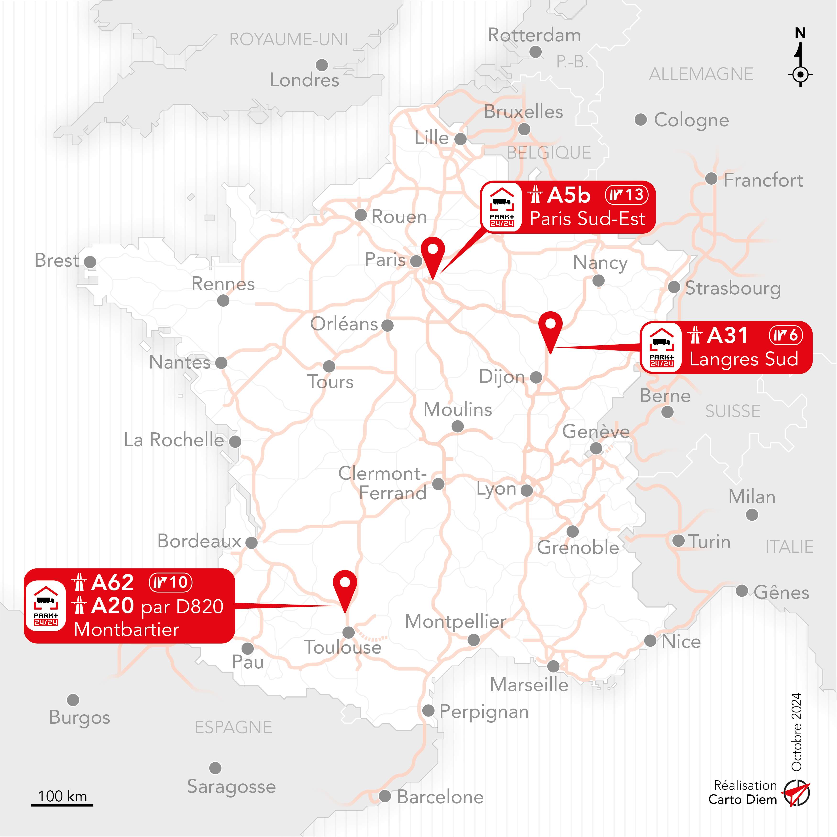 Carte de France des Parkings Sécurisés Poids Lourds Park+